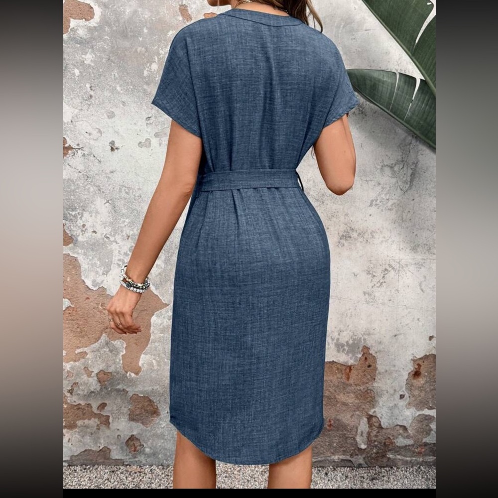SHEIN Emery Rose dress blue 8/10 Large waist tie cap sleeves new midi - Picture 2 of 3